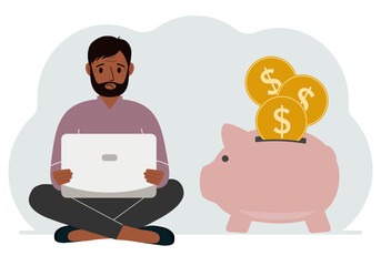 A man sits cross-legged with a laptop next to a pig piggy bank. Earning money, saving, saving money. Vector flat illustration