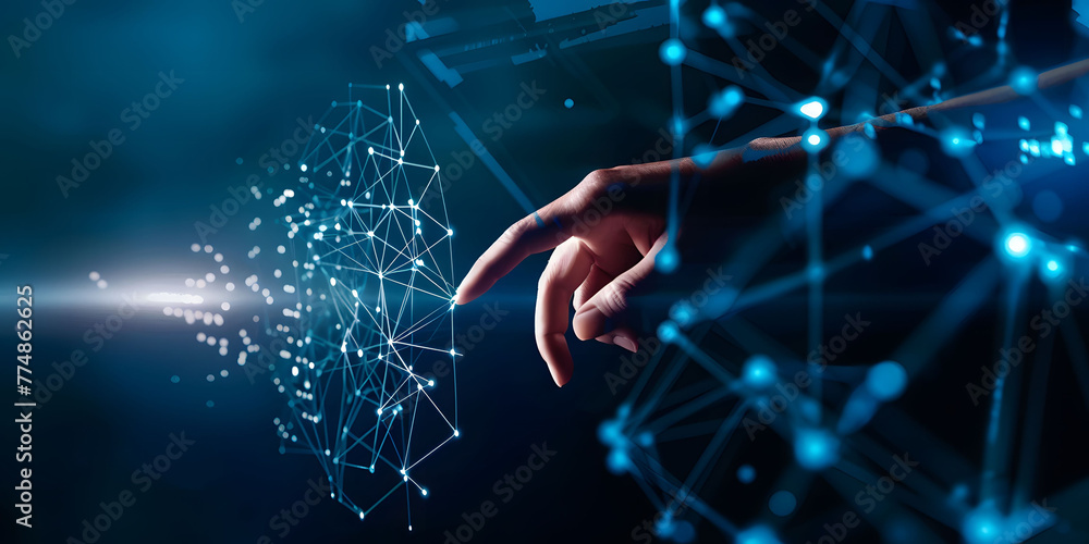 Poster fingers touching a glowing digital connection network, data transferring in the style of technology 