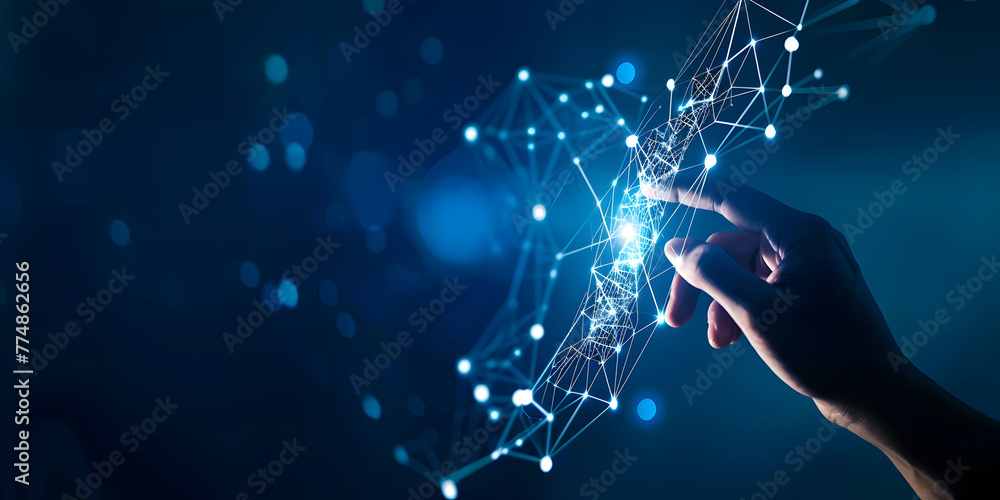 Poster fingers touching a glowing digital connection network, data transferring in the style of technology 