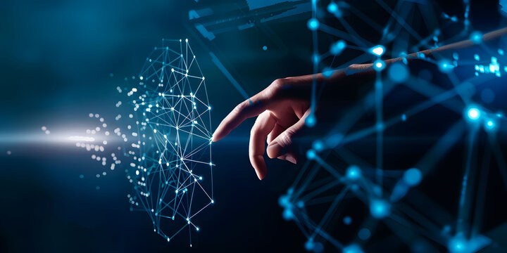 Fingers touching a glowing digital connection network, data transferring in the style of technology with a hand on a blue background. Concept of Digital transformation and next generation technology.