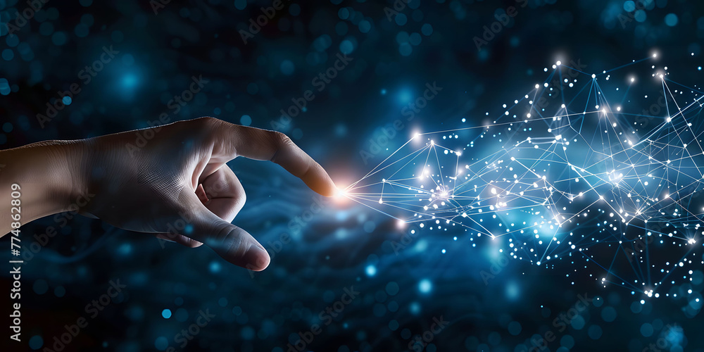 Poster fingers touching a glowing digital connection network, data transferring in the style of technology 