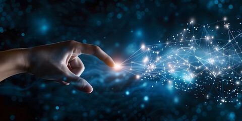 Fingers touching a glowing digital connection network, data transferring in the style of technology with a hand on a blue background. Concept of Digital transformation and next generation technology.