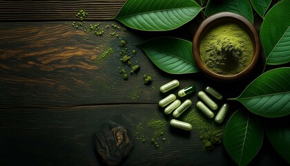 Fresh green Kratom leaves with pile of dry plant and natural herbal medicine powder capsule isolated on white backgroun - obrazy, fototapety, plakaty