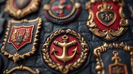 A set of typography of vintage army badges on a black background , graphics on T-shirts