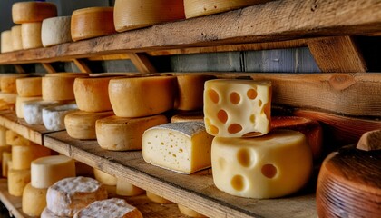 various types of cheese on wooden background