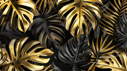 golden and black tropical leaves, monstera plant