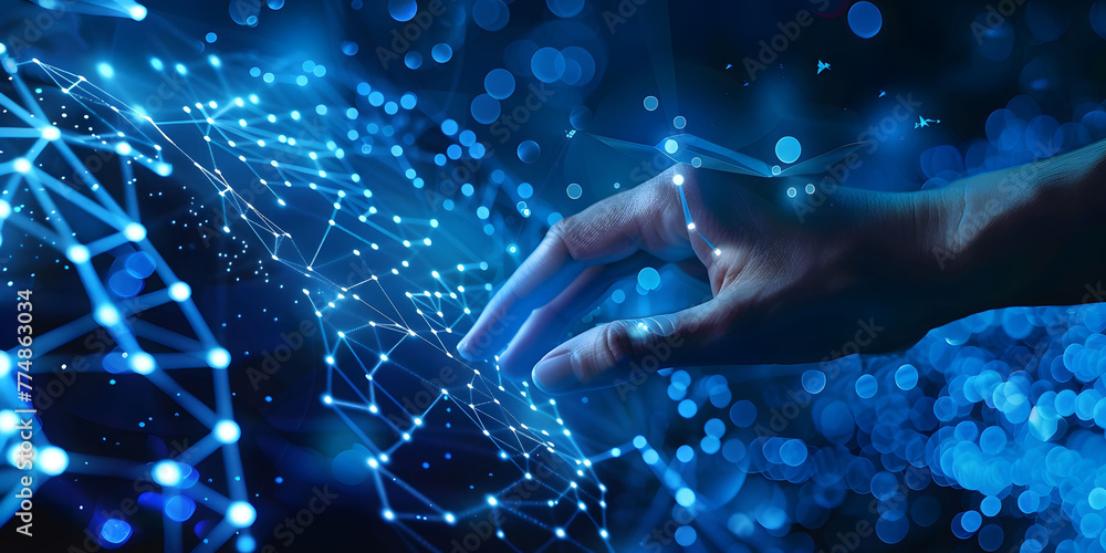 Poster fingers touching a glowing digital connection network, data transferring in the style of technology 