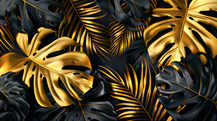 golden and black tropical leaves, monstera plant