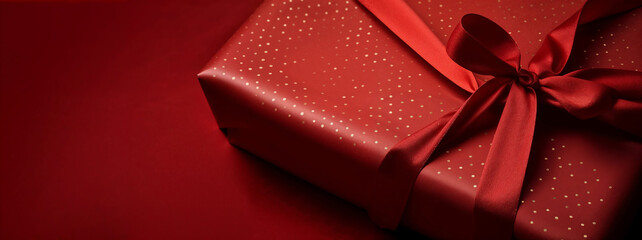 detailed close-up view of a vibrant red gift box for Christmas banner 
