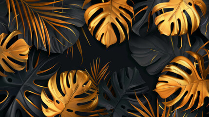 golden and black tropical leaves, monstera plant
