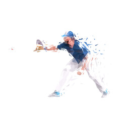 Baseball player catching ball, isolated low poly vector illustration, side view