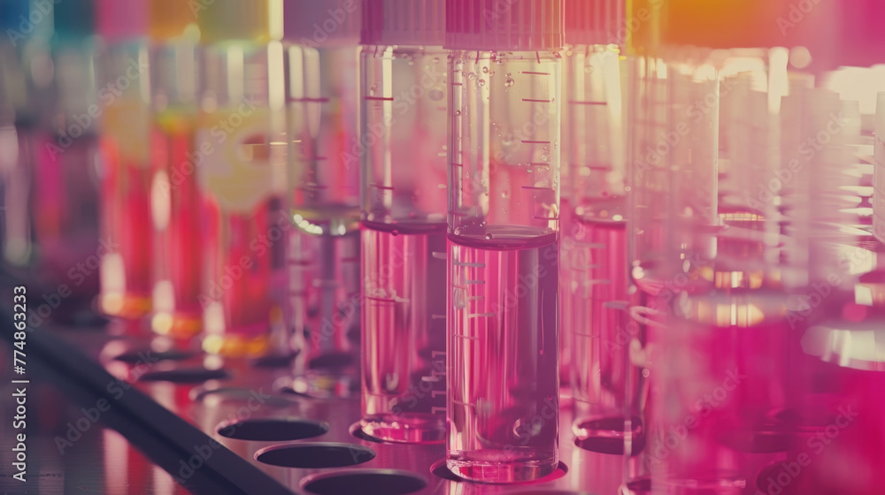 Aufkleber multiple test tubes are lined up in a row, each containing a different colored liquid, possibly for 
