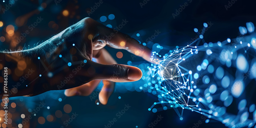 Poster fingers touching a glowing digital connection network, data transferring in the style of technology 