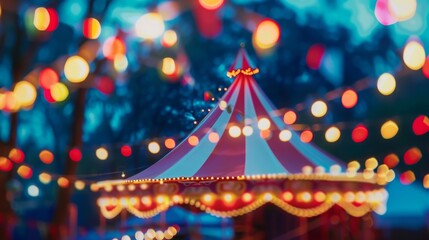 Blurred circus tent with lights garland in night park. Concept of carnival and holidays. - obrazy, fototapety, plakaty