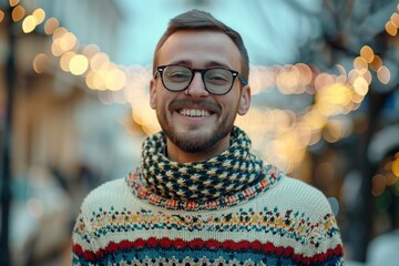 fashionable man wearing sweaters, smiling happily in front of the camera