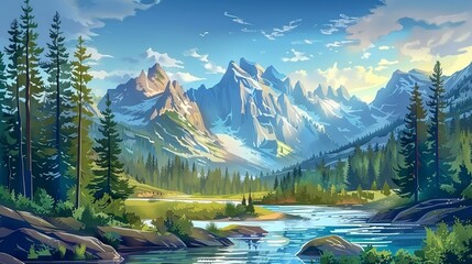beautiful landscape, mountains with rivers and forest