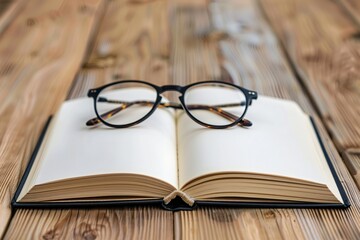 open notepad with glasses on a pine desk