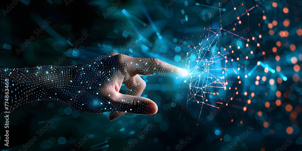 Poster fingers touching a glowing digital connection network, data transferring in the style of technology 