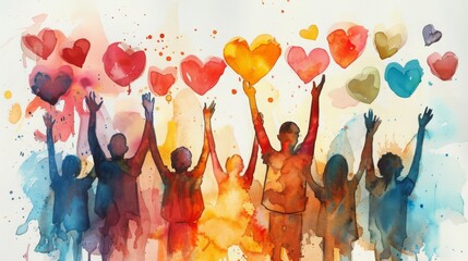 Group of people with arms and hands raised towards a painted hearts. Watercolour painting