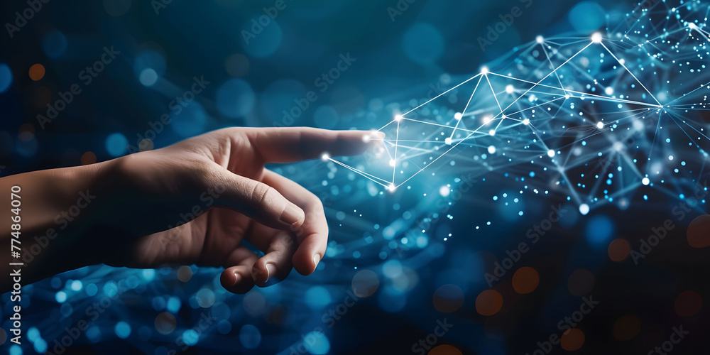 Poster fingers touching a glowing digital connection network, data transferring in the style of technology 