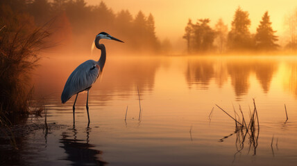heron on lake at sunset - 774864033