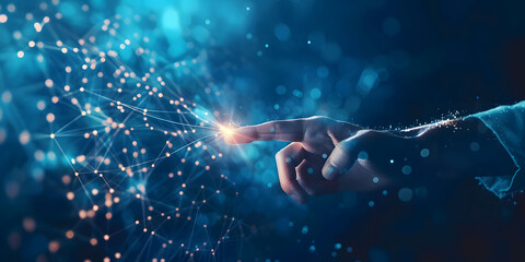 Fingers touching a glowing digital connection network, data transferring in the style of technology with a hand on a blue background. Concept of Digital transformation and next generation technology. - obrazy, fototapety, plakaty