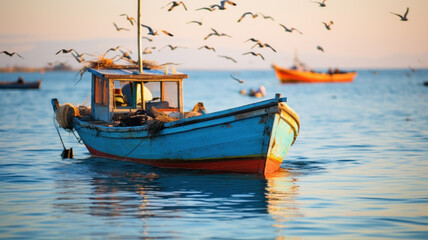 fishing boat on sea with seagulls - 774864071