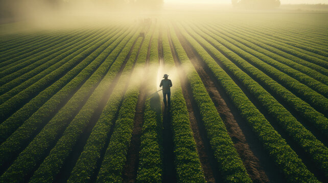 farmer fumigating in field at sunset