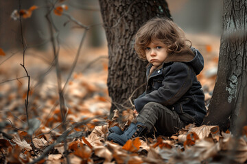 Petit garçon triste dans la forêt assis au pied d'un arbre - obrazy, fototapety, plakaty