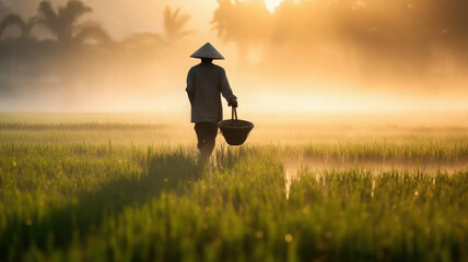 asian farmer on rice field at sunset