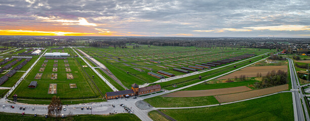 Aerial view of main gate of Nazi death camp at Auschwitz in Oswiecim, a complex of concentration and extermination camps operated by Nazi Germany in occupied Poland