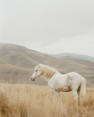 Obraz na płótnie Canvas White horse, soft pastel colors, minimalism, sky blue background, serenity and calm, photography, long white mane, green grassy field with distant mountains, ethereal, dreamlike atmosphere