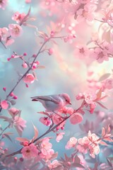 Bird Perched on Blossoming Tree Branch