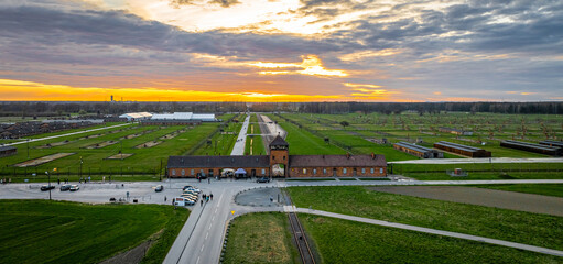 Aerial view of main gate of Nazi death camp at Auschwitz in Oswiecim, a complex of concentration and extermination camps operated by Nazi Germany in occupied Poland