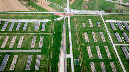 Aerial view of main gate of Nazi death camp at Auschwitz in Oswiecim, a complex of concentration and extermination camps operated by Nazi Germany in occupied Poland