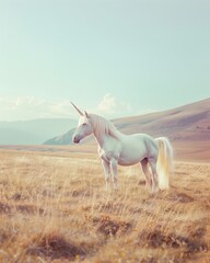 Obraz na płótnie Canvas white unicorn with long hair standing in the grassland, light blue sky. style is minimalist, with a blurred background and light green and gray colors. natural scenery and snowy mountains