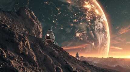 A human base station on alien land landscape with giant planet and mountains.