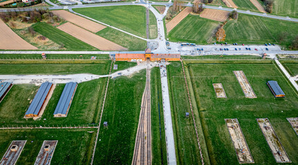 Aerial view of main gate of Nazi death camp at Auschwitz in Oswiecim, a complex of concentration and extermination camps operated by Nazi Germany in occupied Poland