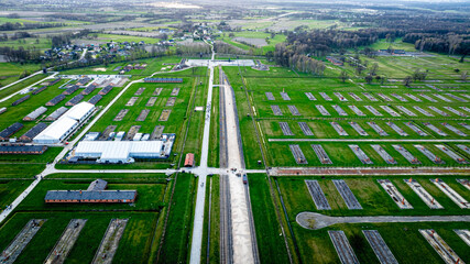 Aerial view of main gate of Nazi death camp at Auschwitz in Oswiecim, a complex of concentration and extermination camps operated by Nazi Germany in occupied Poland