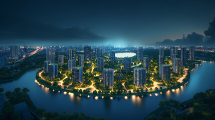 An aerial night view of a futuristic cityscape with radiant buildings flanked by lush greenery and a meandering river illuminated by streetlights.