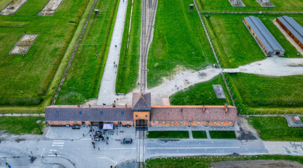 Aerial view of main gate of Nazi death camp at Auschwitz in Oswiecim, a complex of concentration and extermination camps operated by Nazi Germany in occupied Poland