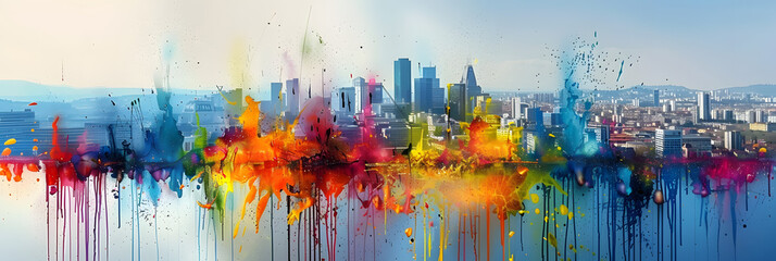 a painting of a cityscape with a lot of colorful paint splatters on the side of the picture and the city in the back ground with buildings in the background. - obrazy, fototapety, plakaty