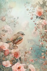 Bird on Branch With Pink Flowers