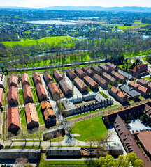 View of Auschwitz concentration camp in Oswiecim, a complex of concentration and extermination camps operated by Nazi Germany in occupied Poland