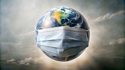 El Planeta Tierra con una mascarilla sobre fondo de nubes Día de la Tierra. Concepto medio ambiente.