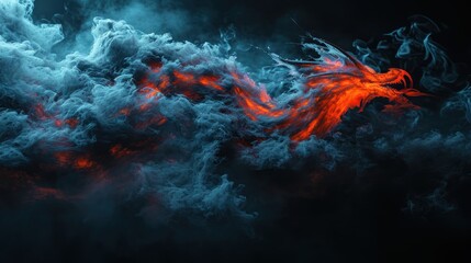 Powerful dragon flying in sky with clouds and fire flame. - obrazy, fototapety, plakaty