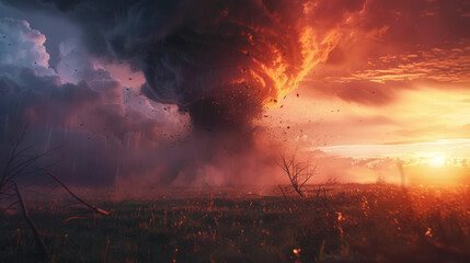 A powerful tornado in an agricultural area. Landscape of a natural disaster. Dark colors. Generative AI