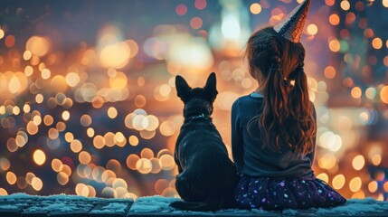 Little girl watch beautiful fireworks show with her dog to celebrate new year. - obrazy, fototapety, plakaty