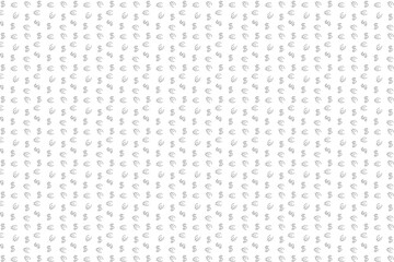 Seamless abstract pattern. Primitive small drawing of dollar and euro. Fantasy ornament. Light gray on a white background. Flyer design, advertising background, fabric, clothing.
