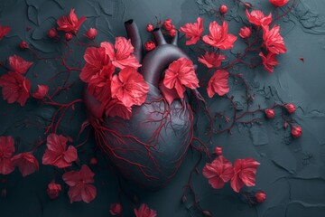 3D rendering of a human heart surrounded by vibrant red flowers on a dark background, symbolizing love and passion